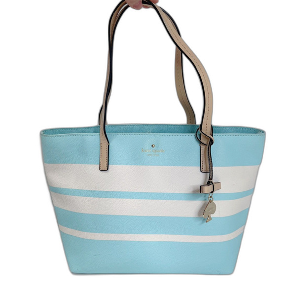 Kate Spade Hawthorne Lane Grace Blue White Striped Leather Tote Bag Shoulder Bag - Picture 2 of 10
